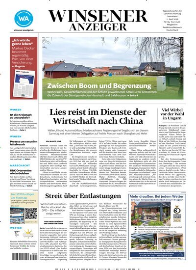 Titelbild der Ausgabe 84/2026 von Winsener Anzeiger. Diese Zeitschrift und viele weitere Zeitungsabos als Abo oder epaper bei United Kiosk online kaufen.