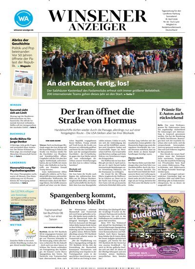 Titelbild der Ausgabe 90/2026 von Winsener Anzeiger. Diese Zeitschrift und viele weitere Zeitungsabos als Abo oder epaper bei United Kiosk online kaufen.
