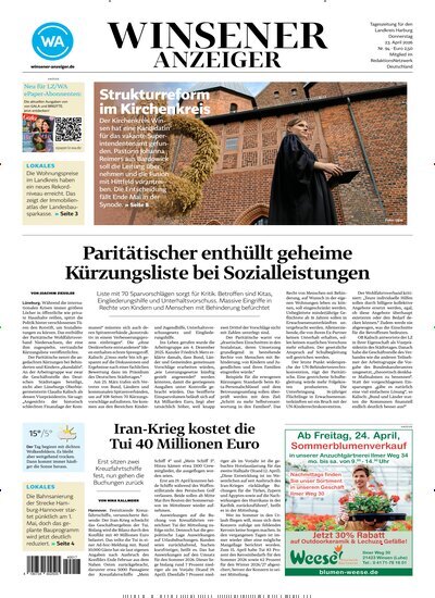 Titelbild der Ausgabe 94/2026 von Winsener Anzeiger. Diese Zeitschrift und viele weitere Zeitungsabos als Abo oder epaper bei United Kiosk online kaufen.