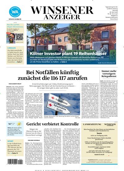 Titelbild der Ausgabe 98/2026 von Winsener Anzeiger. Diese Zeitschrift und viele weitere Zeitungsabos als Abo oder epaper bei United Kiosk online kaufen.