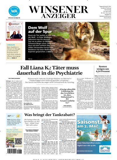 Titelbild der Ausgabe 100/2026 von Winsener Anzeiger. Diese Zeitschrift und viele weitere Zeitungsabos als Abo oder epaper bei United Kiosk online kaufen.