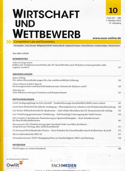 Titelbild der Ausgabe 10/2022 von Wirtschaft und Wettbewerb (WuW). Diese Zeitschrift und viele weitere Businessmagazine als Abo oder epaper bei United Kiosk online kaufen.