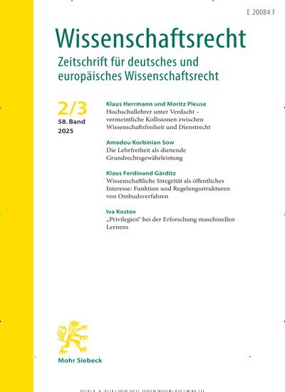 Titelbild der Ausgabe 2/2025 von Wissenschaftsrecht (WissR). Diese Zeitschrift und viele weitere Jurazeitschriften und Zeitschriften für Verwaltung als Abo oder epaper bei United Kiosk online kaufen.