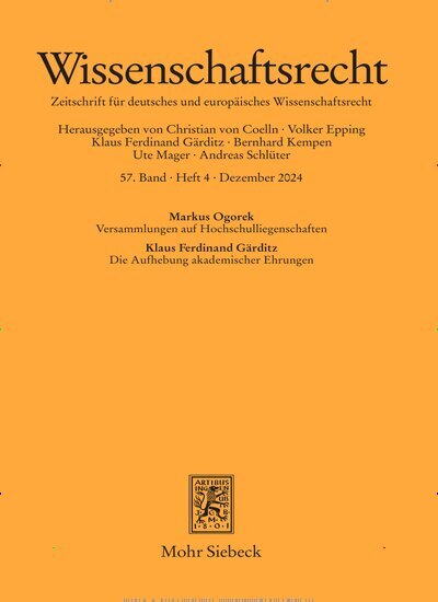 Titelbild der Ausgabe 4/2024 von Wissenschaftsrecht (WissR). Diese Zeitschrift und viele weitere Jurazeitschriften und Zeitschriften für Verwaltung als Abo oder epaper bei United Kiosk online kaufen.