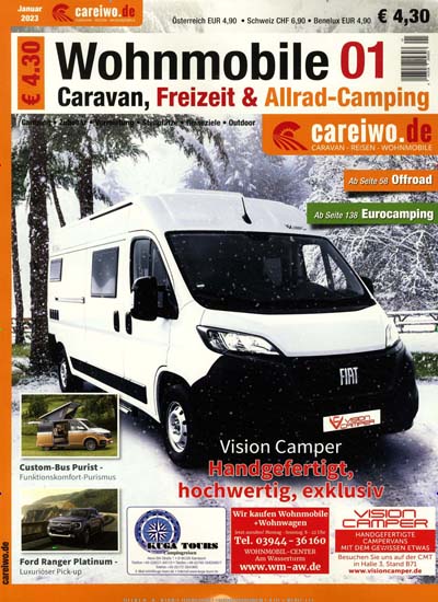 Titelbild der Ausgabe 1/2023 von Wohnmobile Caravan, Freizeit & Allrad-Camping. Diese Zeitschrift und viele weitere Automagazine und Motorradzeitschriften als Abo oder epaper bei United Kiosk online kaufen.