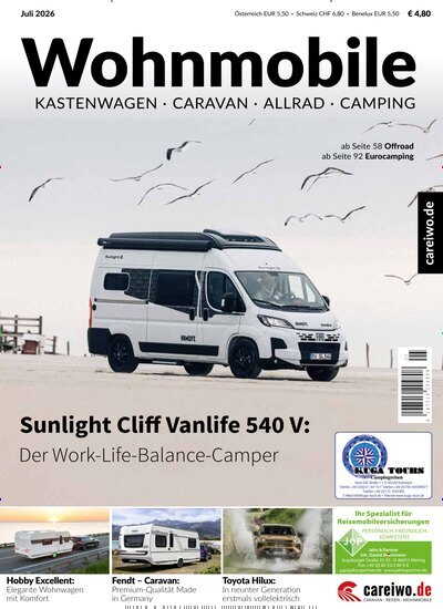Titelbild der Ausgabe 7/2026 von Wohnmobile Kastenwagen, Caravan, Allrad & Camping. Diese Zeitschrift und viele weitere Automagazine und Motorradzeitschriften als Abo oder epaper bei United Kiosk online kaufen.