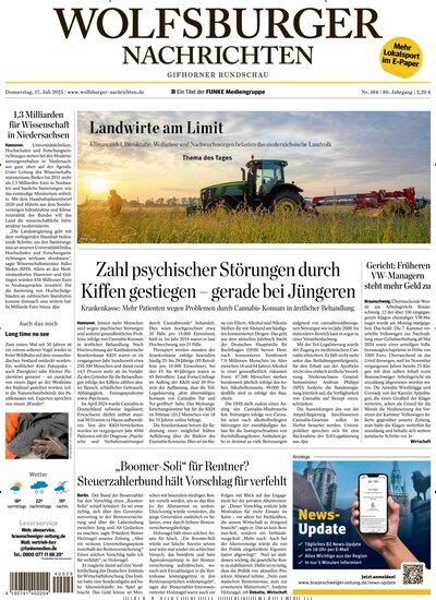 Titelbild der Ausgabe 164/2025 von Wolfsburger Nachrichten Gifhorn. Diese Zeitschrift und viele weitere Zeitungsabos als Abo oder epaper bei United Kiosk online kaufen.