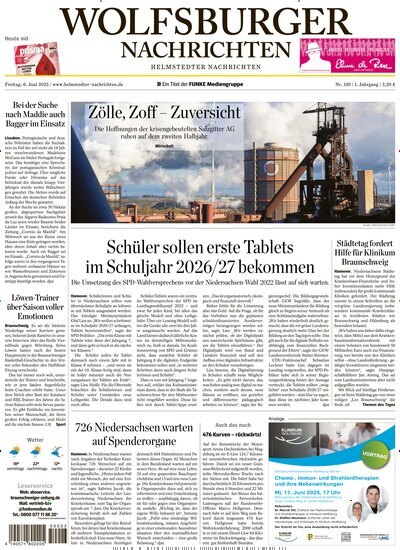 Titelbild der Ausgabe 130/2025 von Wolfsburger Nachrichten Helmstedt. Diese Zeitschrift und viele weitere Zeitungsabos als Abo oder epaper bei United Kiosk online kaufen.