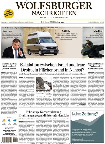 Titelbild der Ausgabe 136/2025 von Wolfsburger Nachrichten Helmstedt. Diese Zeitschrift und viele weitere Zeitungsabos als Abo oder epaper bei United Kiosk online kaufen.