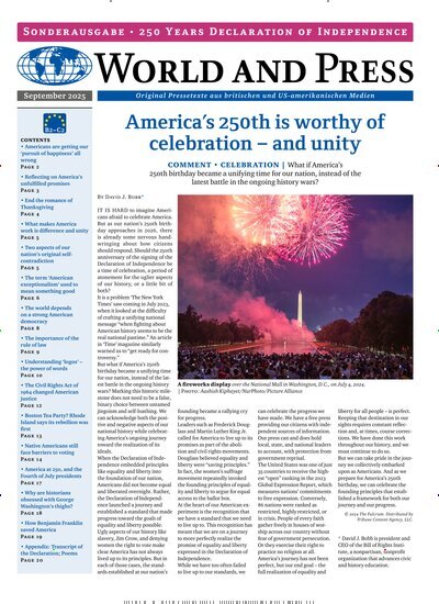Titelbild der Ausgabe 1/2026 von World and Press - 250 Years Declaration of Independence. Diese Zeitschrift und viele weitere Reisemagazine, Freizeitmagazine und Wissensmagazine als Abo oder epaper bei United Kiosk online kaufen.
