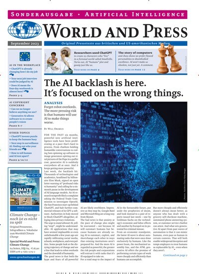 Titelbild der Ausgabe 9/2023 von World and Press - Artificial Intelligence. Diese Zeitschrift und viele weitere Reisemagazine, Freizeitmagazine und Wissensmagazine als Abo oder epaper bei United Kiosk online kaufen.