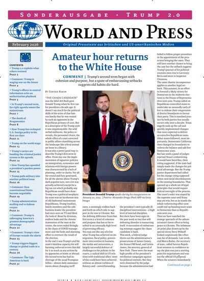 Titelbild der Ausgabe 1/2026 von World and Press - Trump 2.0. Diese Zeitschrift und viele weitere Reisemagazine, Freizeitmagazine und Wissensmagazine als Abo oder epaper bei United Kiosk online kaufen.