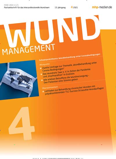 Titelbild der Ausgabe 4/2021 von Wundmanagement. Diese Zeitschrift und viele weitere Pflegezeitschriften und medizinische Fachzeitschriften als Abo oder epaper bei United Kiosk online kaufen.