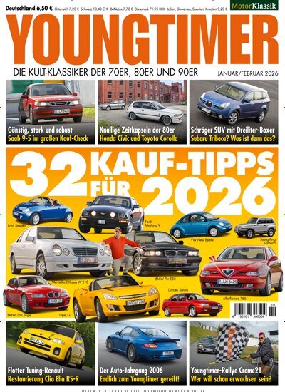Titelbild der Ausgabe 1/2026 von Youngtimer. Diese Zeitschrift und viele weitere Automagazine und Motorradzeitschriften als Abo oder epaper bei United Kiosk online kaufen.