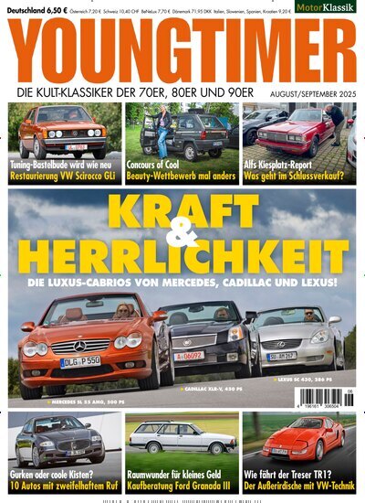 Titelbild der Ausgabe 6/2025 von Youngtimer. Diese Zeitschrift und viele weitere Automagazine und Motorradzeitschriften als Abo oder epaper bei United Kiosk online kaufen.