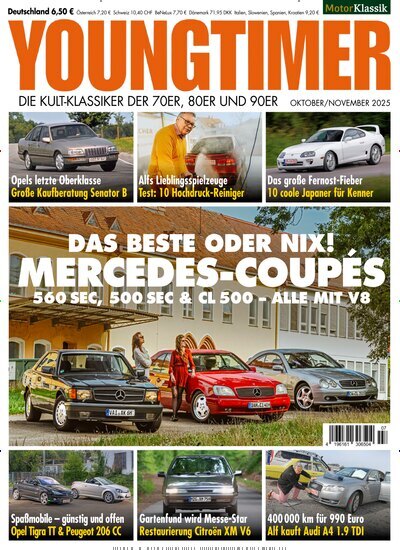 Titelbild der Ausgabe 7/2025 von Youngtimer. Diese Zeitschrift und viele weitere Automagazine und Motorradzeitschriften als Abo oder epaper bei United Kiosk online kaufen.