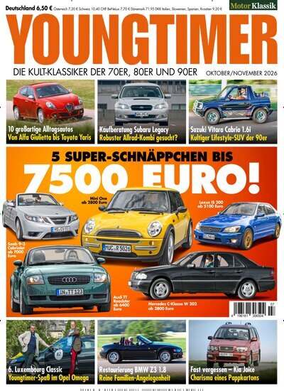 Titelbild der Ausgabe 7/2026 von Youngtimer. Diese Zeitschrift und viele weitere Automagazine und Motorradzeitschriften als Abo oder epaper bei United Kiosk online kaufen.
