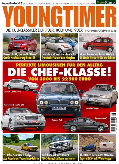 Titelbild der Ausgabe 8/2025 von Youngtimer. Diese Zeitschrift und viele weitere Automagazine und Motorradzeitschriften als Abo oder epaper bei United Kiosk online kaufen.