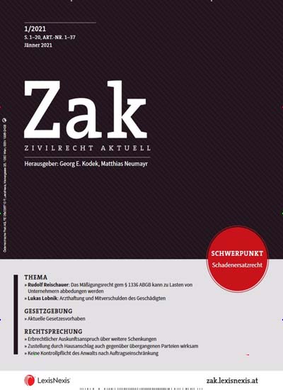 Titelbild der Ausgabe 1/2021 von Zak - Zivilrecht aktuell. Diese Zeitschrift und viele weitere Jurazeitschriften und Zeitschriften für Verwaltung als Abo oder epaper bei United Kiosk online kaufen.
