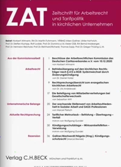 Titelbild der Ausgabe 2/2023 von Zeitschrift für Arbeitsrecht und Tarifpolitik in kirchlichen Unternehmen (ZAT). Diese Zeitschrift und viele weitere Jurazeitschriften und Zeitschriften für Verwaltung als Abo oder epaper bei United Kiosk online kaufen.