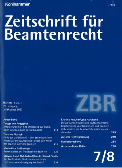 Titelbild der Ausgabe 8/2023 von Zeitschrift für Beamtenrecht. Diese Zeitschrift und viele weitere Jurazeitschriften und Zeitschriften für Verwaltung als Abo oder epaper bei United Kiosk online kaufen.