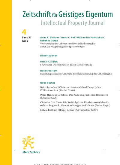 Titelbild der Ausgabe 4/2025 von Zeitschrift für Geistiges Eigentum (ZGE). Diese Zeitschrift und viele weitere Zeitschriften für Pädagogik als Abo oder epaper bei United Kiosk online kaufen.