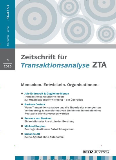 Titelbild der Ausgabe 3/2025 von Zeitschrift für Transaktionsanalyse ZTA. Diese Zeitschrift und viele weitere Zeitschriften für Pädagogik als Abo oder epaper bei United Kiosk online kaufen.