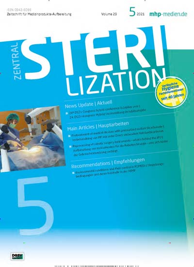 Titelbild der Ausgabe 5/2021 von Zentralsterilisation. Diese Zeitschrift und viele weitere Pflegezeitschriften und medizinische Fachzeitschriften als Abo oder epaper bei United Kiosk online kaufen.