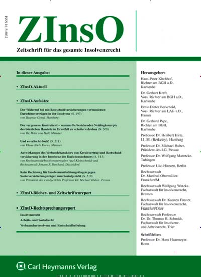 ZINSO - Zeitschrift für das gesamte InsolvenzR aktuelles Titelbild Ausgabe 1/2012 Aktuelles Titelbild von ZINSO - Zeitschrift für das gesamte InsolvenzR. Entdecken Sie jetzt die Ausgabe 1/2012. Lesen Sie gerne Jurazeitschriften und Zeitschriften für Verwaltung? Dann empfehlen wir Ihnen ZINSO - Zeitschrift für das gesamte InsolvenzR als Abo oder Geschenkabo.