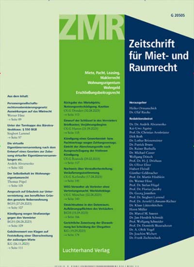 Titelbild der Ausgabe 9/2024 von ZMR - Zeitschrift für Miet- und Raumrecht. Diese Zeitschrift und viele weitere Jurazeitschriften und Zeitschriften für Verwaltung als Abo oder epaper bei United Kiosk online kaufen.