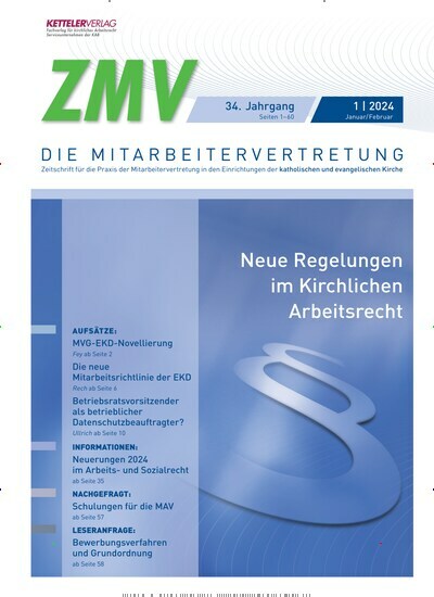 Titelbild der Ausgabe 1/2024 von ZMV - DIE MITARBEITERVERTRETUNG. Diese Zeitschrift und viele weitere Jurazeitschriften und Zeitschriften für Verwaltung als Abo oder epaper bei United Kiosk online kaufen.