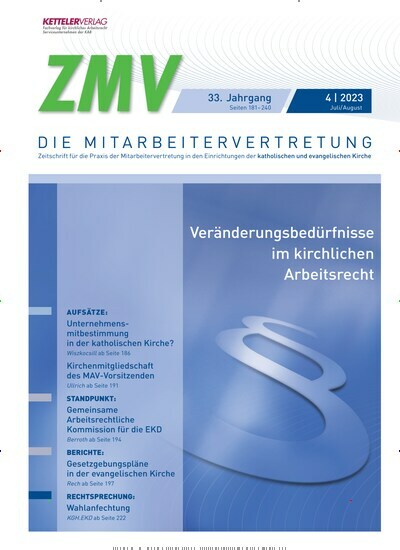 Titelbild der Ausgabe 4/2023 von ZMV - DIE MITARBEITERVERTRETUNG. Diese Zeitschrift und viele weitere Jurazeitschriften und Zeitschriften für Verwaltung als Abo oder epaper bei United Kiosk online kaufen.