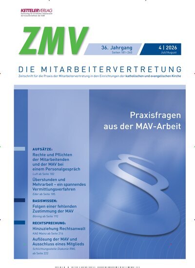 Titelbild der Ausgabe 4/2026 von ZMV - DIE MITARBEITERVERTRETUNG. Diese Zeitschrift und viele weitere Jurazeitschriften und Zeitschriften für Verwaltung als Abo oder epaper bei United Kiosk online kaufen.