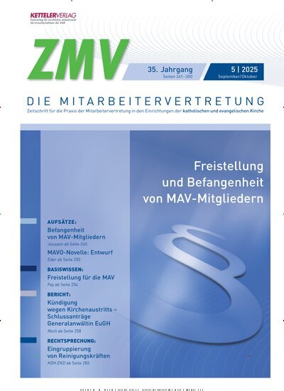 Titelbild der Ausgabe 5/2025 von ZMV - DIE MITARBEITERVERTRETUNG. Diese Zeitschrift und viele weitere Jurazeitschriften und Zeitschriften für Verwaltung als Abo oder epaper bei United Kiosk online kaufen.