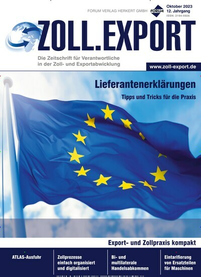 Titelbild der Ausgabe 10/2023 von ZOLL.EXPORT. Diese Zeitschrift und viele weitere Jurazeitschriften und Zeitschriften für Verwaltung als Abo oder epaper bei United Kiosk online kaufen.