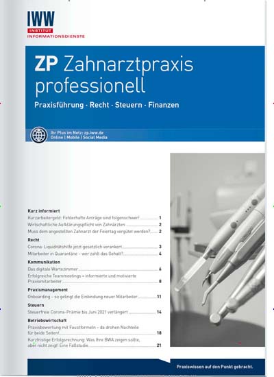 Titelbild der Ausgabe 4/2021 von ZP Zahnarztpraxis professionell. Diese Zeitschrift und viele weitere Pflegezeitschriften und medizinische Fachzeitschriften als Abo oder epaper bei United Kiosk online kaufen.