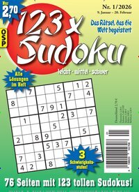 Titelbild der Ausgabe 1/2026 von 123 x Sudoku. Diese Zeitschrift und viele weitere Groschenromane und Rätselhefte als Abo oder epaper bei United Kiosk online kaufen.