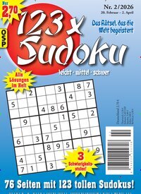 Titelbild der Ausgabe 2/2026 von 123 x Sudoku. Diese Zeitschrift und viele weitere Groschenromane und Rätselhefte als Abo oder epaper bei United Kiosk online kaufen.