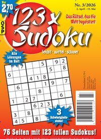 Titelbild der Ausgabe 3/2026 von 123 x Sudoku. Diese Zeitschrift und viele weitere Groschenromane und Rätselhefte als Abo oder epaper bei United Kiosk online kaufen.