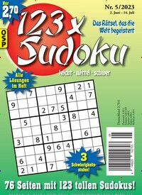 Titelbild der Ausgabe 5/2023 von 123 x Sudoku. Diese Zeitschrift und viele weitere Groschenromane und Rätselhefte als Abo oder epaper bei United Kiosk online kaufen.