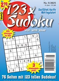 Titelbild der Ausgabe 5/2025 von 123 x Sudoku. Diese Zeitschrift und viele weitere Groschenromane und Rätselhefte als Abo oder epaper bei United Kiosk online kaufen.