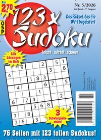 Titelbild der Ausgabe 5/2026 von 123 x Sudoku. Diese Zeitschrift und viele weitere Groschenromane und Rätselhefte als Abo oder epaper bei United Kiosk online kaufen.