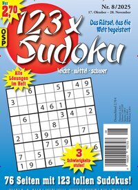 Titelbild der Ausgabe 8/2025 von 123 x Sudoku. Diese Zeitschrift und viele weitere Groschenromane und Rätselhefte als Abo oder epaper bei United Kiosk online kaufen.