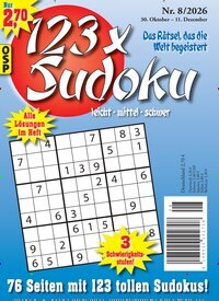Titelbild der Ausgabe 8/2026 von 123 x Sudoku. Diese Zeitschrift und viele weitere Groschenromane und Rätselhefte als Abo oder epaper bei United Kiosk online kaufen.