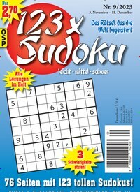 Titelbild der Ausgabe 9/2023 von 123 x Sudoku. Diese Zeitschrift und viele weitere Groschenromane und Rätselhefte als Abo oder epaper bei United Kiosk online kaufen.