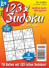 Titelbild der Ausgabe 9/2025 von 123 x Sudoku. Diese Zeitschrift und viele weitere Groschenromane und Rätselhefte als Abo oder epaper bei United Kiosk online kaufen.