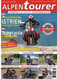 Titelbild der Ausgabe 1/2013 von Alpentourer. Diese Zeitschrift und viele weitere Automagazine und Motorradzeitschriften als Abo oder epaper bei United Kiosk online kaufen.