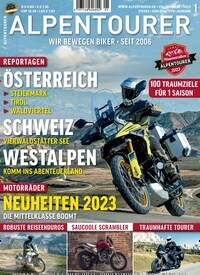 Titelbild der Ausgabe 1/2023 von Alpentourer. Diese Zeitschrift und viele weitere Automagazine und Motorradzeitschriften als Abo oder epaper bei United Kiosk online kaufen.