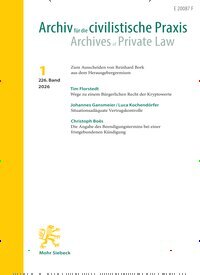 Titelbild der Ausgabe 1/2026 von Archiv für die civilistische Praxis (AcP). Diese Zeitschrift und viele weitere Jurazeitschriften und Zeitschriften für Verwaltung als Abo oder epaper bei United Kiosk online kaufen.