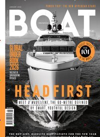 Titelbild der Ausgabe 1/2026 von Boat International. Diese Zeitschrift und viele weitere Sportmagazine als Abo oder epaper bei United Kiosk online kaufen.